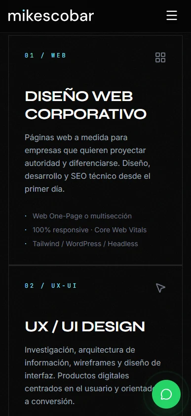 mikescobar.com en un móvil: sección de servicios de diseño web corporativo y UX/UI